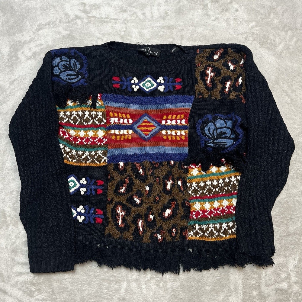 Carole Little Sweater Womens Sz Medium Patchwork Crochet Knit Boho Floral Navajo